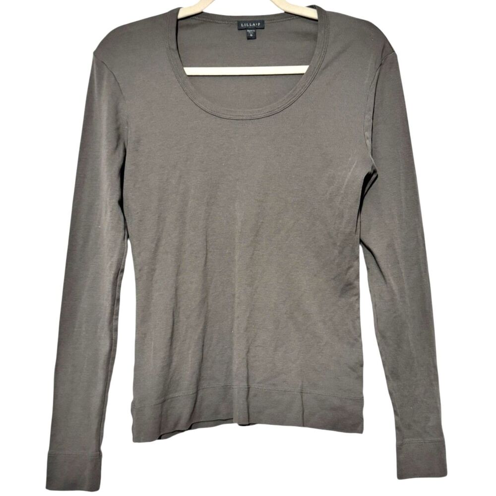 Lilla P Gray Long Sleeve Tee Scoop Neck 100% Cotton Fitted Basic Size M EUC